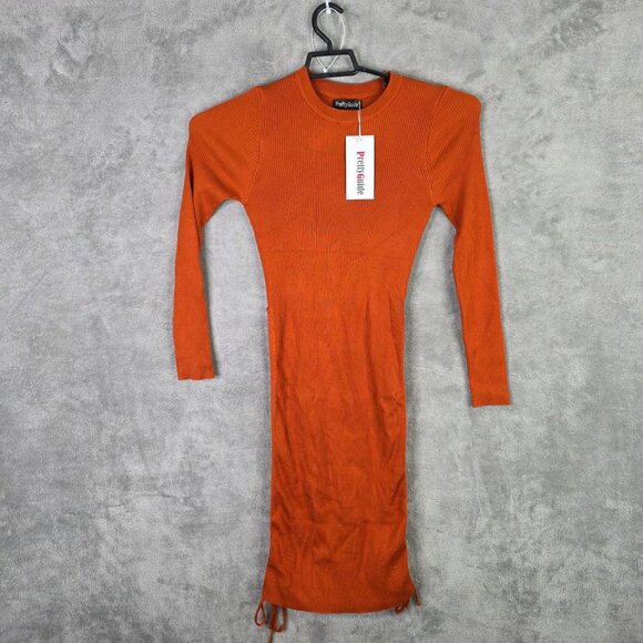 Womens Pretty Guide Rust Orange Ribbed Knit Bodycon Midi Dress Long Sleeve M - Picture 2 of 10
